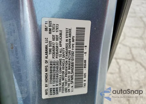 2011 Honda Odyssey Exl z USA, uszkodzony, nr VIN 5FNRL5H65BB101592
